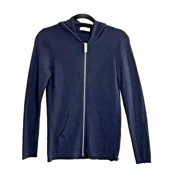 SANDRO Paris Women Sweater Sz XS Navy Blue Full Zip Hooded Stretch Cardigan 75-5 - Picture 1 of 12